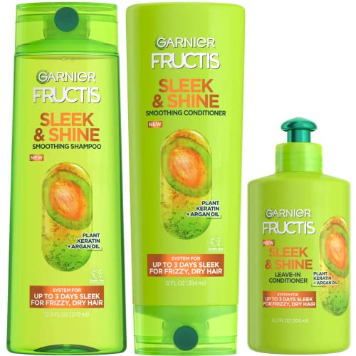 Garnier Fructis Sleek & Shine Shampoo, Conditioner + Leave-In Conditioer Set for Frizzy