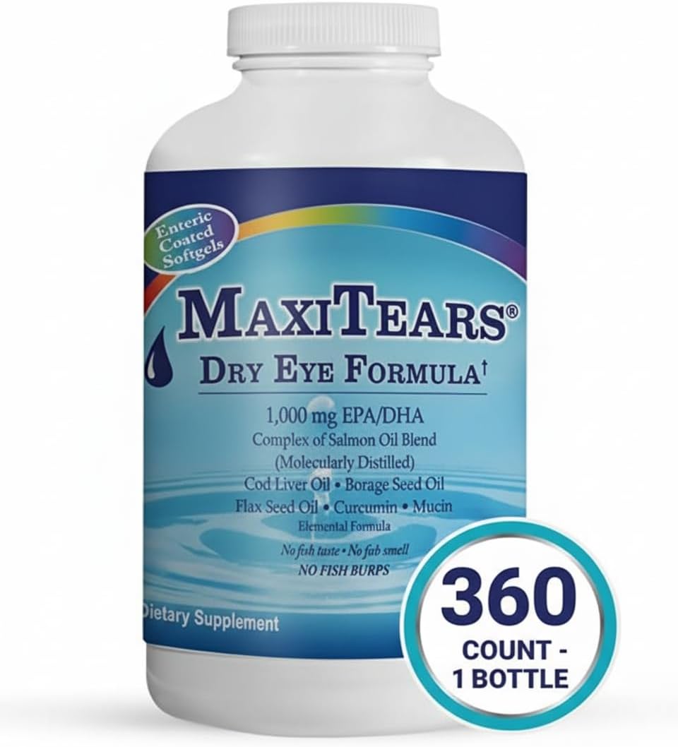 Dry Eye Supplement, Omega-3 Fish Oil Eye Health Supplement for Adults, Enteric-Coated Softgels with Mucin Complex, Turmeric Root, Eye Vitamins A & D3, EPA & DHA, 90-Day Supply, 360 Count