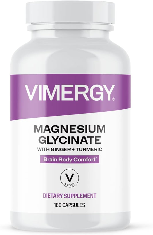 VIMERGY Magnesium Glycinate – Stress Support – Chelated to Avoid Tummy Upset*– Promotes Heart Health & Energy*– Kosher, Vegan Gluten-Free – 180 Caps