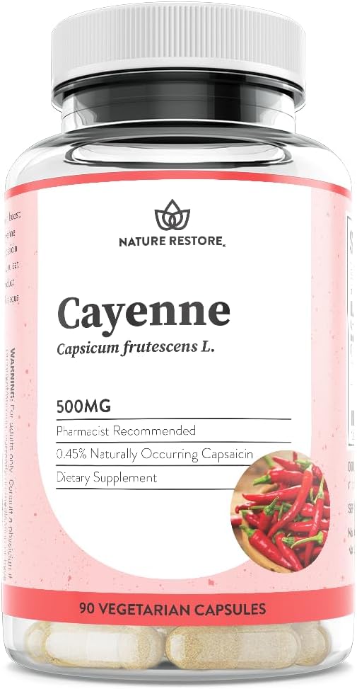 Nature Restore Premium Cayenne Pepper Extract Supplement. Standardized to 0.45% Capsaicin - 70,000 Scoville Heat Units for Natural Metabolism Support, Thermogenic Heat & Circulation, 90 Vegan Capsules