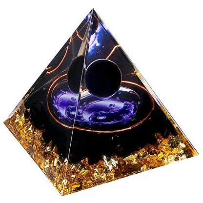 Yin Yang Healing Crystal Orgonite Pyramid - Tai Chi with Obsidian Ball - Taiji Reiki Chakra Meditation