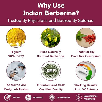 SHRISHA HERBAL Indian Berberine 1500mg - Berberine HCl 500mg Per Capsule - Support
