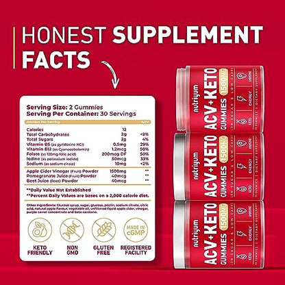 Keto ACV Gummies 1500 mg - Gelatin-Free Apple Cider Vinegar Gummies - Low Carbs Pectin