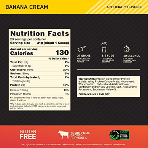 Optimum Nutrition Gold Standard 100% Whey Protein Powder, Banana Cream, 2 Pound