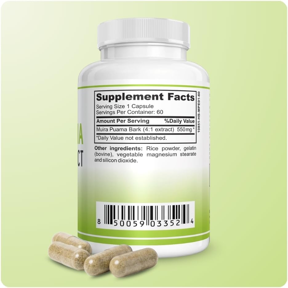 Muira Puama Extract Capsules 550mg, Muira Puama Bark 4:1 Extract, Herbal Formula for Men and Women, Non-GMO, GMP Certified, Made in USA, 60 Capsules