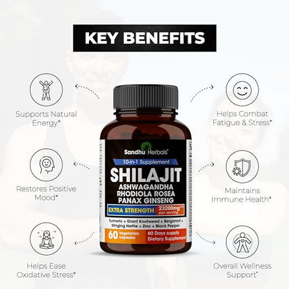 Sandhu Herbals Shilajit Pure Himalayan 23200mg All in 1 supplement, 60 capsules