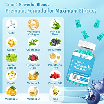 2 Pack Biotin Gummies 15000mcg with Collagen, Sea Moss, Chlorophyll & Keratin for Hair