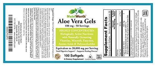 NutriWorth Aloe Vera Supplement (100 Softgels) 20,000mg Pure Gel Equivalency