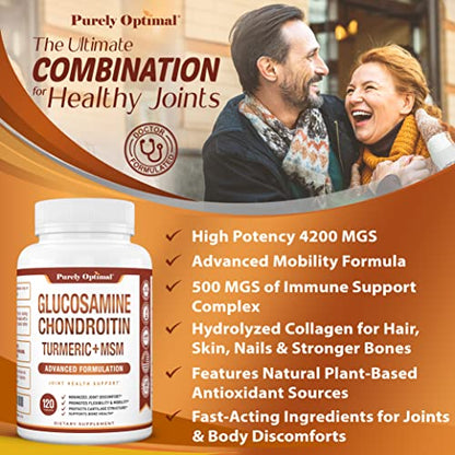 Purely Optimal Premium Glucosamine Chondroitin MSM Supplement Tablets w/Turmeric