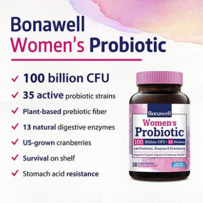 Bonawell Probiotics for Women 100B, with Organic Prebiotic, Cranberry for Feminine Health