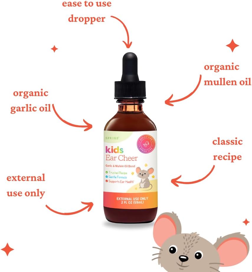 SPRIGS Kids Ear Cheer Tincture to Support Healthy Ears, 2 Fl Oz | Gentle Soothing Formula with Garlic Oil & Organic Mullein to Support Comfort | Easy to Use & Convenient Dropper for Children