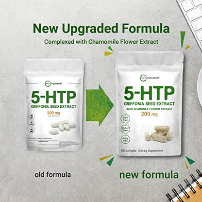 Micro Ingredients 5-HTP 200mg with Chamomile Flower Extract, 180 Capsules, 2 in 1 Formula