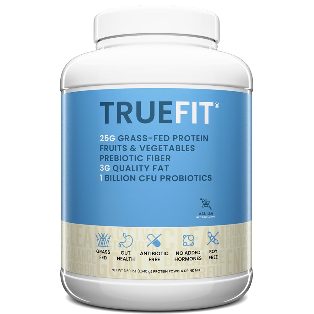 TrueFit Grass-Fed Whey Protein Powder + Fiber & Probiotics, Vanilla Shake | 25g Gut Healthy Protein with Fiber, Probiotics & Non-GMO Superfoods for Complete Meal Replacement Shake with Nothing Fake