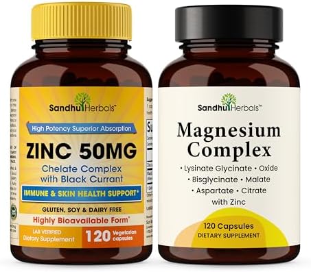SANDHUHERBALS Zinc 50mg Bundle with Magnesium Complex 6 in 1 Supplement | Supports Immune, Muscle Health & Quality Sleep | for Men & Women