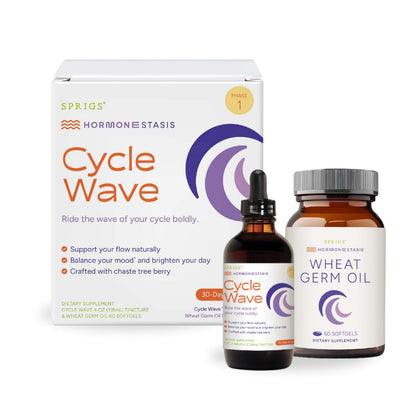 SPRIGS Cycle Wave Phase 1 Hormonal Support Kit for Tween Girls | Supplements to Promote a Healthy Menstrual Cycle & Balance Mood | 120 Herbal Capsules & 60 Wheat Germ Oil Softgels for a 30 Day Supply