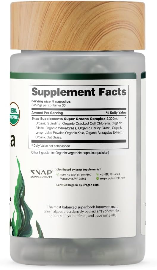 Snap Supplements USDA Organic Spirulina and Chlorella, 120 Vegan Capsules | Certified Organic Protein Rich Blue Green Algae Superfood Supplement for Energy and Immune Support, Non-GMO 30 Day-Supply