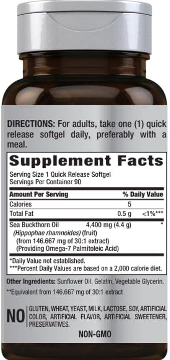 Piping Rock Sea Buckthorn Oil Capsules | 90 Softgels | Sea Buckthorn Berry Extract | With Omega-7 | Gluten Free, Non-GMO