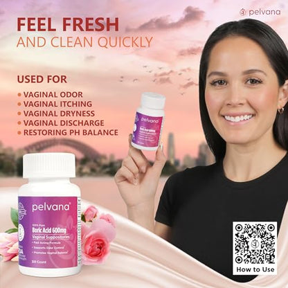 Pelvana Boric Acid Suppositories for Women 30 - for Vaginal pH Balance, Odor Control, Itching, & Discharge