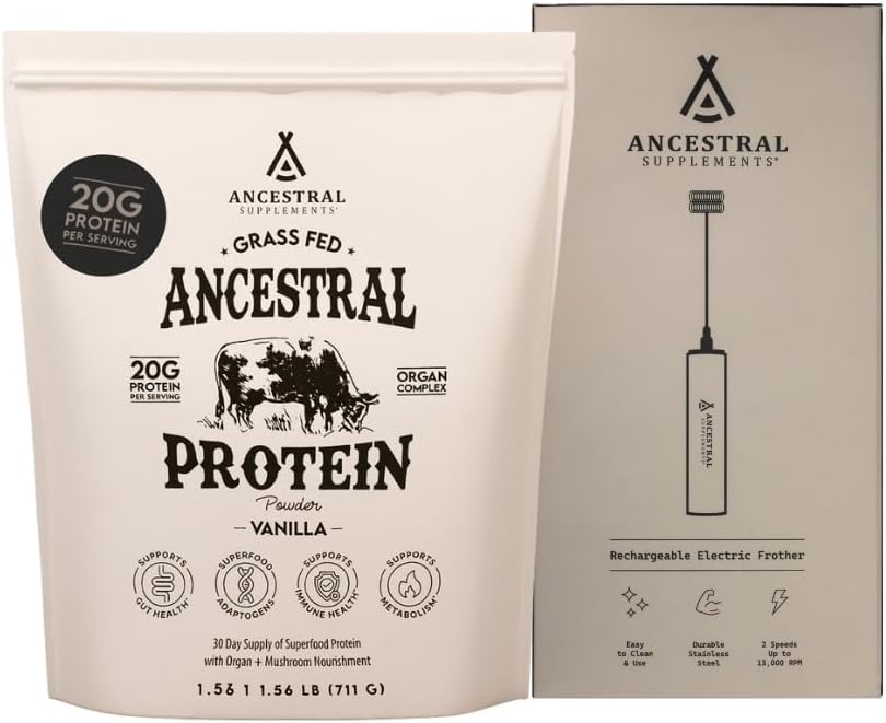 Ancestral Supplements Vanilla Protein Bundle & Frother Wand – Grass Fed Beef Organ Blend with 20g Protein, Gut Health Support & Organic Mushrooms, Rechargeable Electric Frother Wand (Double Whisk, Sta