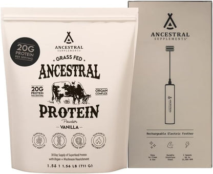 Ancestral Supplements Vanilla Protein Bundle & Frother Wand – Grass Fed Beef Organ Blend with 20g Protein, Gut Health Support & Organic Mushrooms, Rechargeable Electric Frother Wand (Double Whisk, Sta
