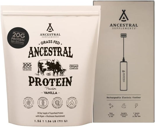 Ancestral Supplements Vanilla Protein Bundle & Frother Wand – Grass Fed Beef Organ Blend with 20g Protein, Gut Health Support & Organic Mushrooms, Rechargeable Electric Frother Wand (Double Whisk, Sta