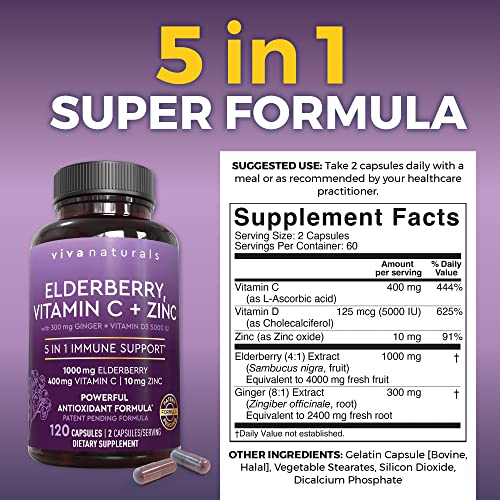 Viva Naturals Elderberry with Vitamin C and Zinc for Adults - 5 in 1 Sambucus Black