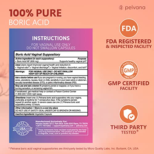 Pelvana Boric Acid Suppositories for Women 30 - for Vaginal pH Balance, Odor Control, Itching, & Discharge