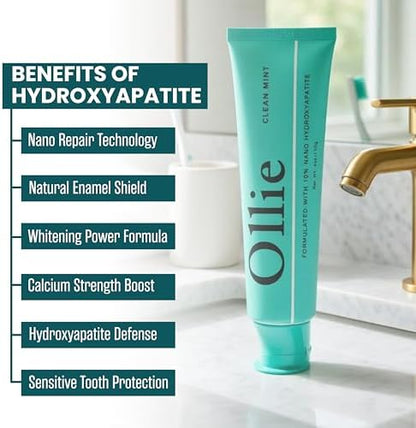 Ollie Clean Mint Toothpaste with 10% Nano Hydroxyapatite & Enzy-Strips Peroxide-Free Teeth Whitening Strips for Sensitive Teeth – Enamel Repair, Remineralization & Whitening Bundle