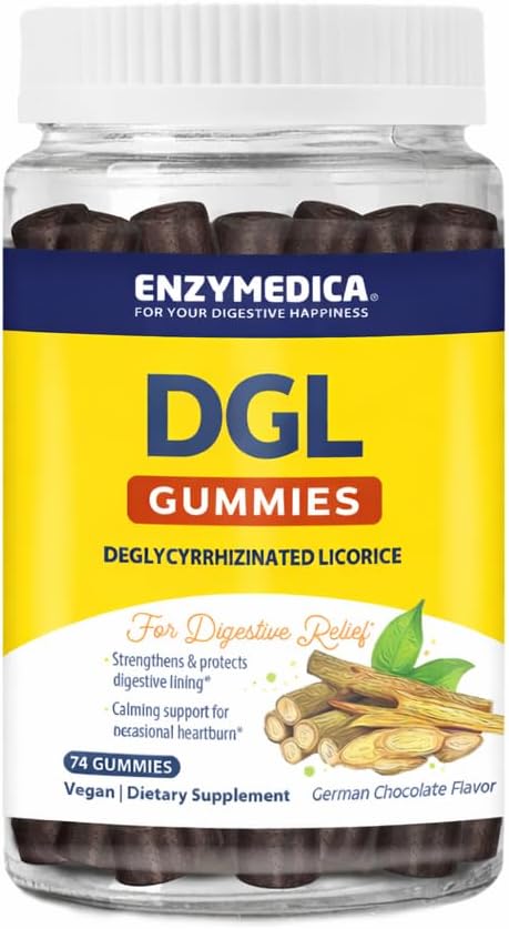 Enzymedica DGL Supplement for Men & Women - DGL Deglycyrrhizinated Licorice Gummies for Digestive Support & Gut Health, Soothes Stomach & Occasional Heartburn, Gluten Free, Vegan, Chocolate - 74 Count