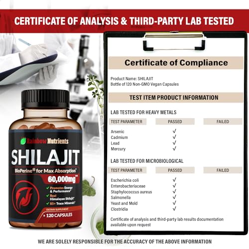 Pure Himalayan Shilajit Capsules Supplement (60,000mg+ Absorption Enhancer+50%