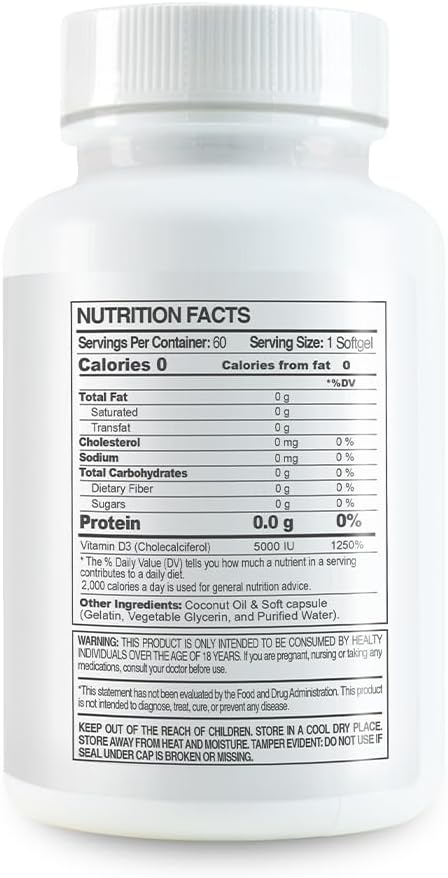 Premium Vitamin D3 5000 IU- New Formula: Paleo Life Vitamin D3 5000iu Premium High Potency with Coconut Oil - 60 Capsules. (2-Pack)
