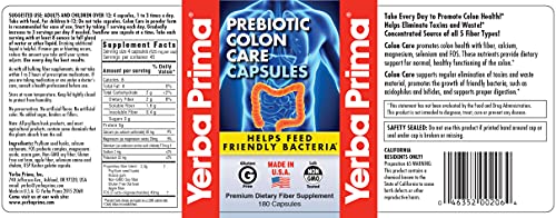 Yerba Prima Prebiotics Colon Care Fiber Caps, 180 Capsules - Five Forms of Fiber Plus