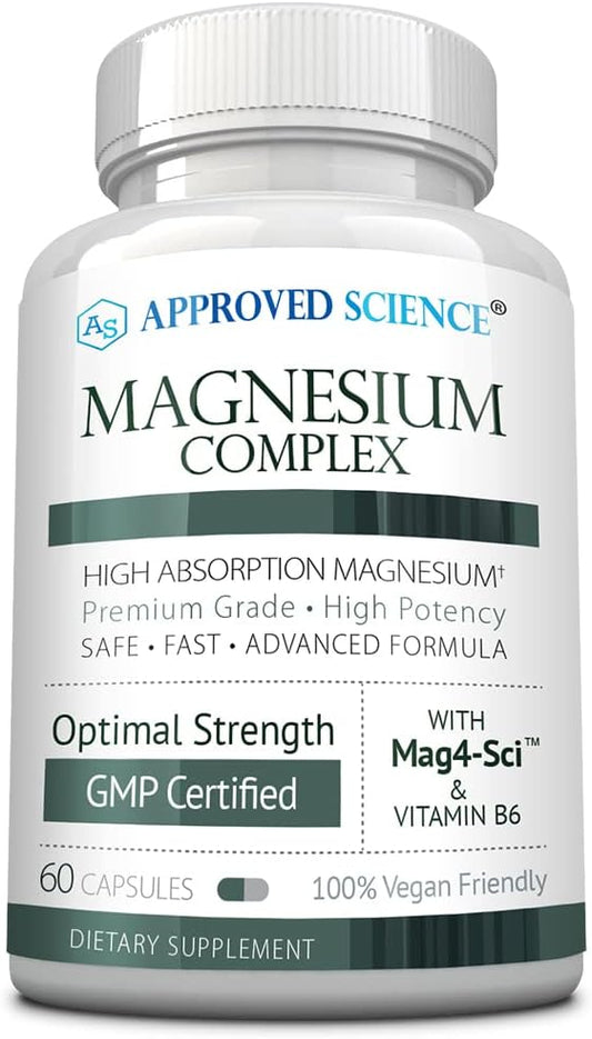 Approved Science Magnesium Complex - Magnesium Bisglycinate, Malate, Citrate, and Oxide, Heart, Headaches, Cramps, Energy - High Absorption - 60 Capsules - 1 Month Supply - Non-GMO - Vegan