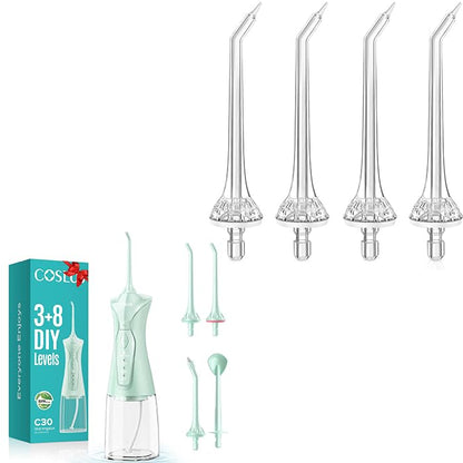 COSLUS Water Dental Flosser Pick for Teeth Green C30(FC5360) & 4-Pcs Periodontal Jet Tip Replacement Heads for Deep Clean Gum