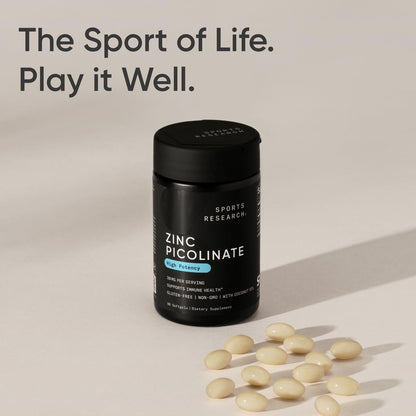 Sports Research High Potency Zinc Picolinate 30mg with Organic Coconut Oil | Highly Absorbable Zinc Supplement for Healthy Immune & Enzyme Function - Non-GMO Tested & Gluten-Free (90 Liquid Softgels)