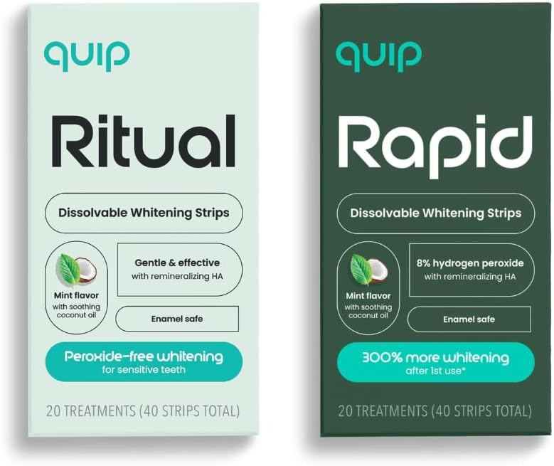 quip Dissolvable Teeth Whitening Strips, 8% Hydrogen Peroxide and Peroxide-Free Product Bundle for Sensitive Teeth - Gentle 15-Minute Whitening, Mint Flavor with Cocnut Oil - 80 Strips Total