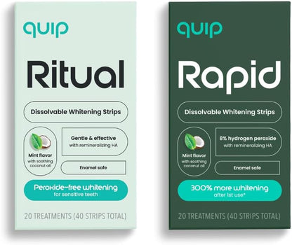 quip Dissolvable Teeth Whitening Strips, 8% Hydrogen Peroxide and Peroxide-Free Product Bundle for Sensitive Teeth - Gentle 15-Minute Whitening, Mint Flavor with Cocnut Oil - 80 Strips Total