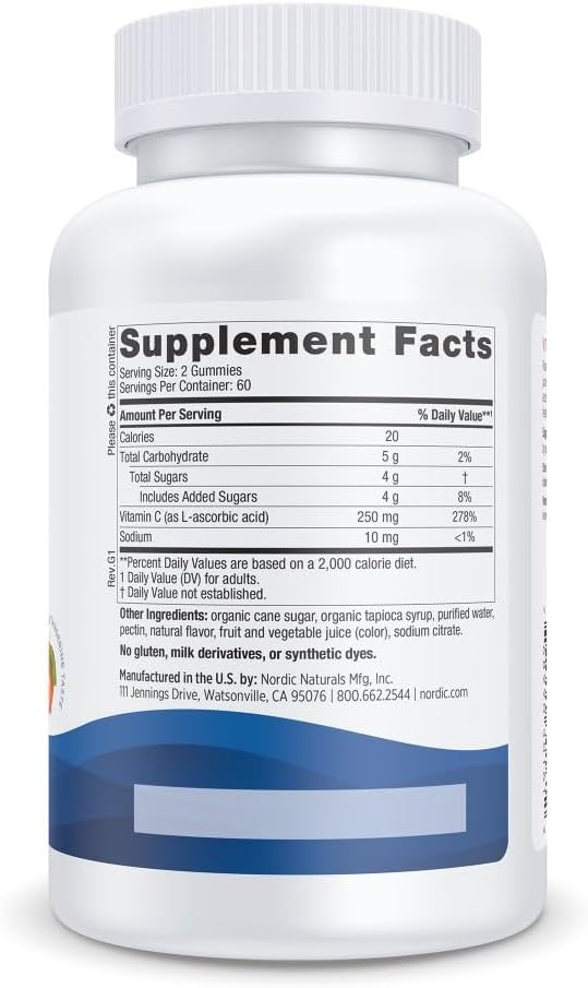 Nordic Naturals Vitamin C Gummies, Tart Tangerine - 120 Gummies - 250 mg Vitamin C - Immune Support, Antioxidant Protection, Child Growth & Development - Non-GMO, Vegan - 60 Servings | Supports immune health, antioxidant protection, child growth & develop
