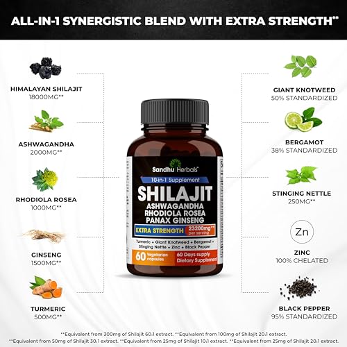 Sandhu Herbals Shilajit Pure Himalayan 23200mg All in 1 supplement, 60 capsules