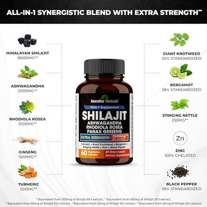 Sandhu Herbals Shilajit Pure Himalayan 23200mg All in 1 supplement, 60 capsules