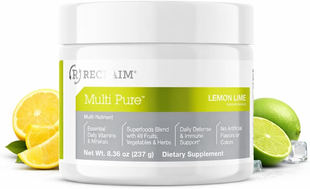 Reclaim Multi Pure Lemon Lime, Immune Support, Vitamin C, Vitamin B Complex, Probiotic, Superfood Powder, Calcium, Magnesium Oxide, (30 Servings) (Lemon Lime)