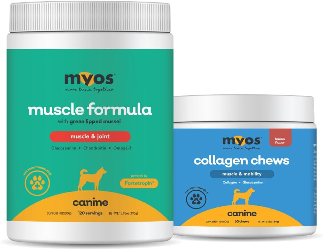 MYOS Canine Muscle & Joint Support Bundle – Fortetropin Powder with Green Lipped Mussel (396g) + Bacon-Flavored Mobility Chews with Collagen & Glucosamine (60 Count)