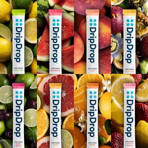 DripDrop Hydration Sugar Free Electrolyte Packets, Variety Pack, 64 Count | Lemon Lime, Watermelon, Peach, Passion Fruit, Cherry Limeade, Citrus, Orange, Strawberry Lemonade; Zero Sugar; Single Serve