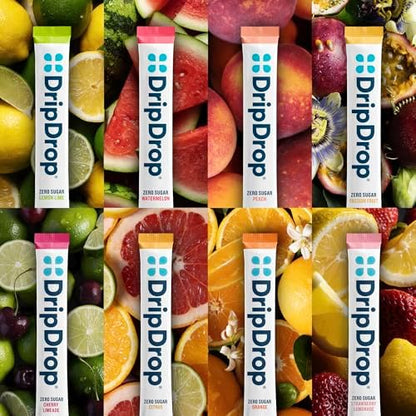 DripDrop Hydration Sugar Free Electrolyte Packets, Variety Pack, 64 Count | Lemon Lime, Watermelon, Peach, Passion Fruit, Cherry Limeade, Citrus, Orange, Strawberry Lemonade; Zero Sugar; Single Serve