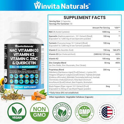 NAC Supplement N-Acetyl Cysteine 1000mg Vitamin C Vitamin D3 K2, Zinc, Turmeric Curcumin