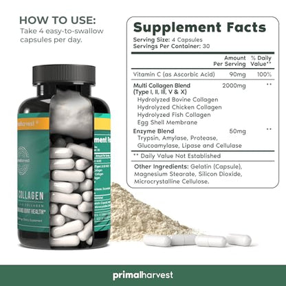 Primal Harvest Multi Collagen Pills for Women and Men (Type I, II, III, V, X) 120 Capsules