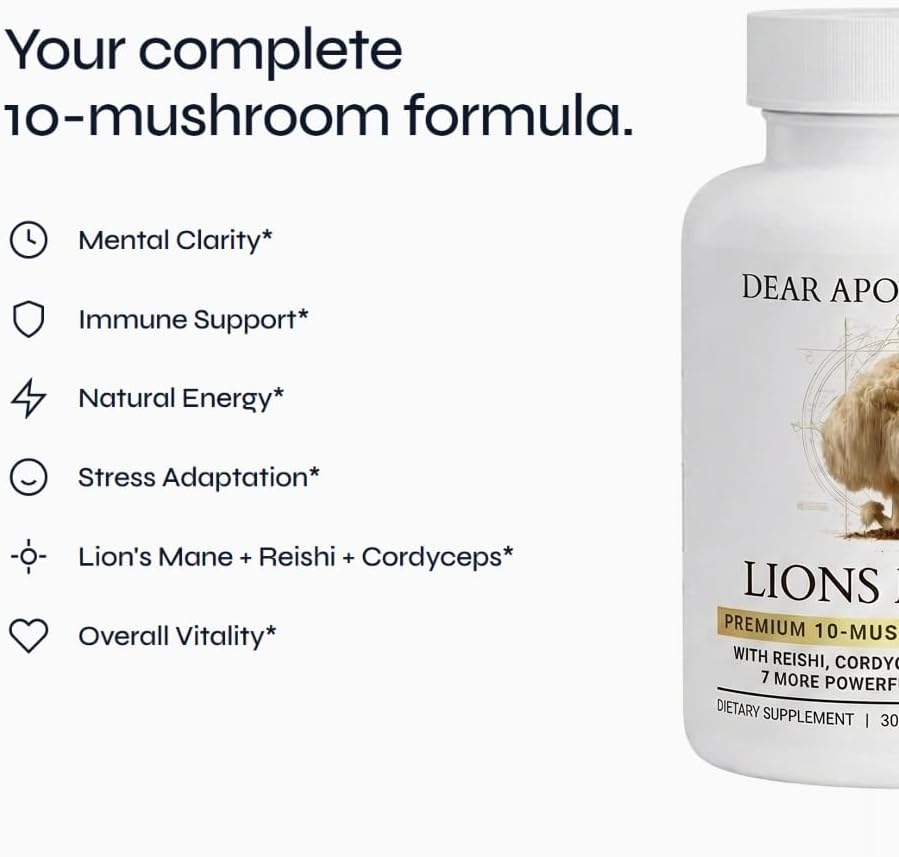 Lions Mane 10x Mushroom Complex 10 in 1, Cordyceps Reishi Shiitake Chaga Maitake Turkey Tail, Brain Focus & Immune Support, 60 Veggie Capsules