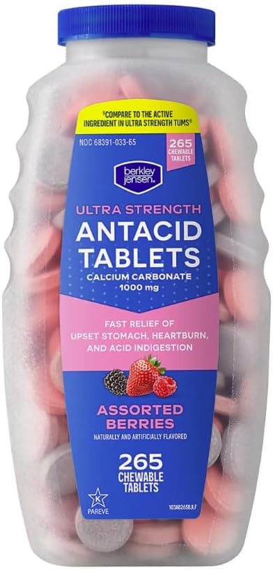 Berkley Jensen Extra Strength Antacid Tablets Chewable - 1000mg Calcium Carbonate Antacids for Heartburn, Acid Indigestion, Upset Stomach Relief - Assorted Berry Flavor - 265 Count (Pack of 1)