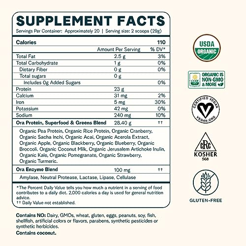 Ora Organic Vegan Protein Powder - 23g Plant Based Protein Powder for Women and Men