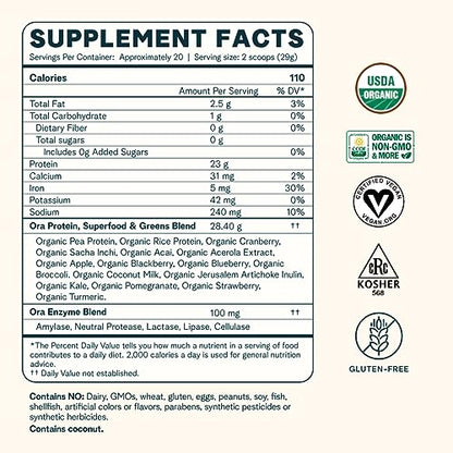 Ora Organic Vegan Protein Powder - 23g Plant Based Protein Powder for Women and Men